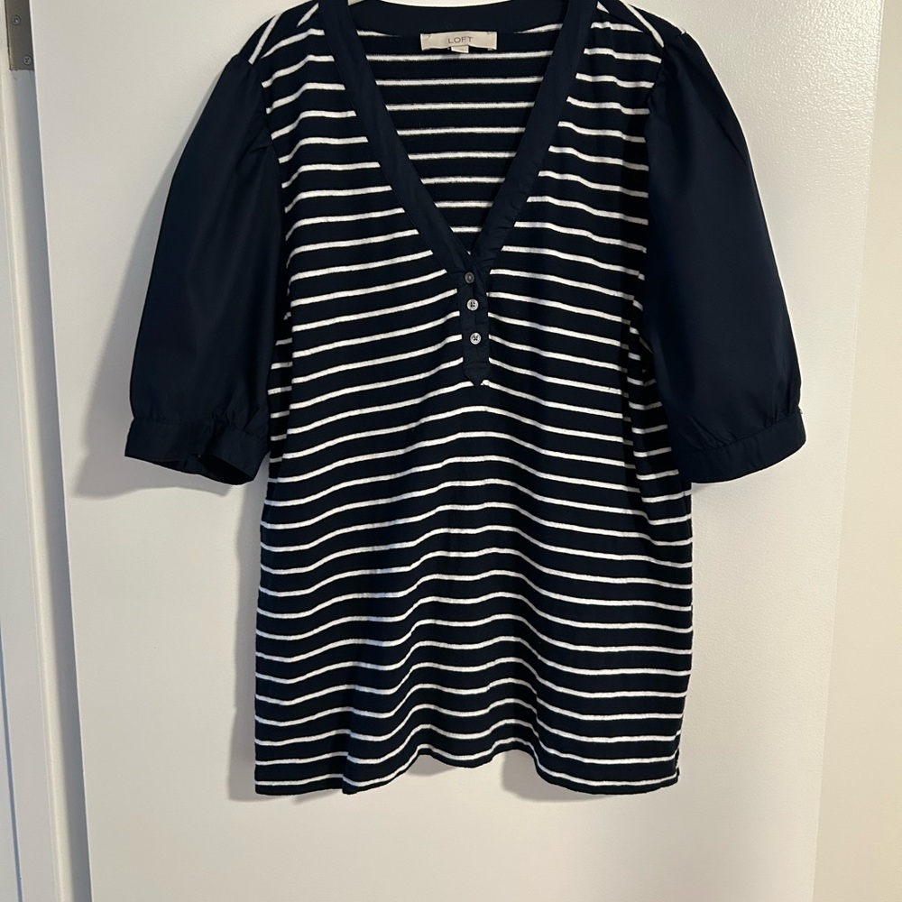 LOFT Blue and White Striped V-Neck Henley Top